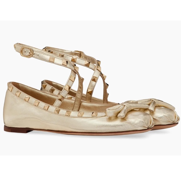 Valentino Rockstud Platino Gold Stud Ankle Strap Bow Ballerina Ballet Flats 42 - Picture 1 of 16